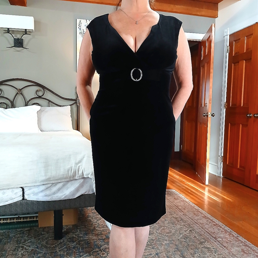 Connected Apparel stunning velour little black dress